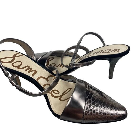 Sam Edelman Wm’s Sz 7.5 Chrome Snake Print 3.5” Heel Strappy Pump Shoes - Picture 1 of 9